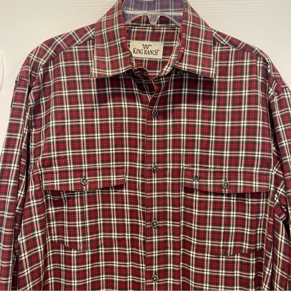 King Ranch Two Pocket Button Up Shirt Men’s Med Red Plaid Cowboy Western Cotton - Picture 3 of 11